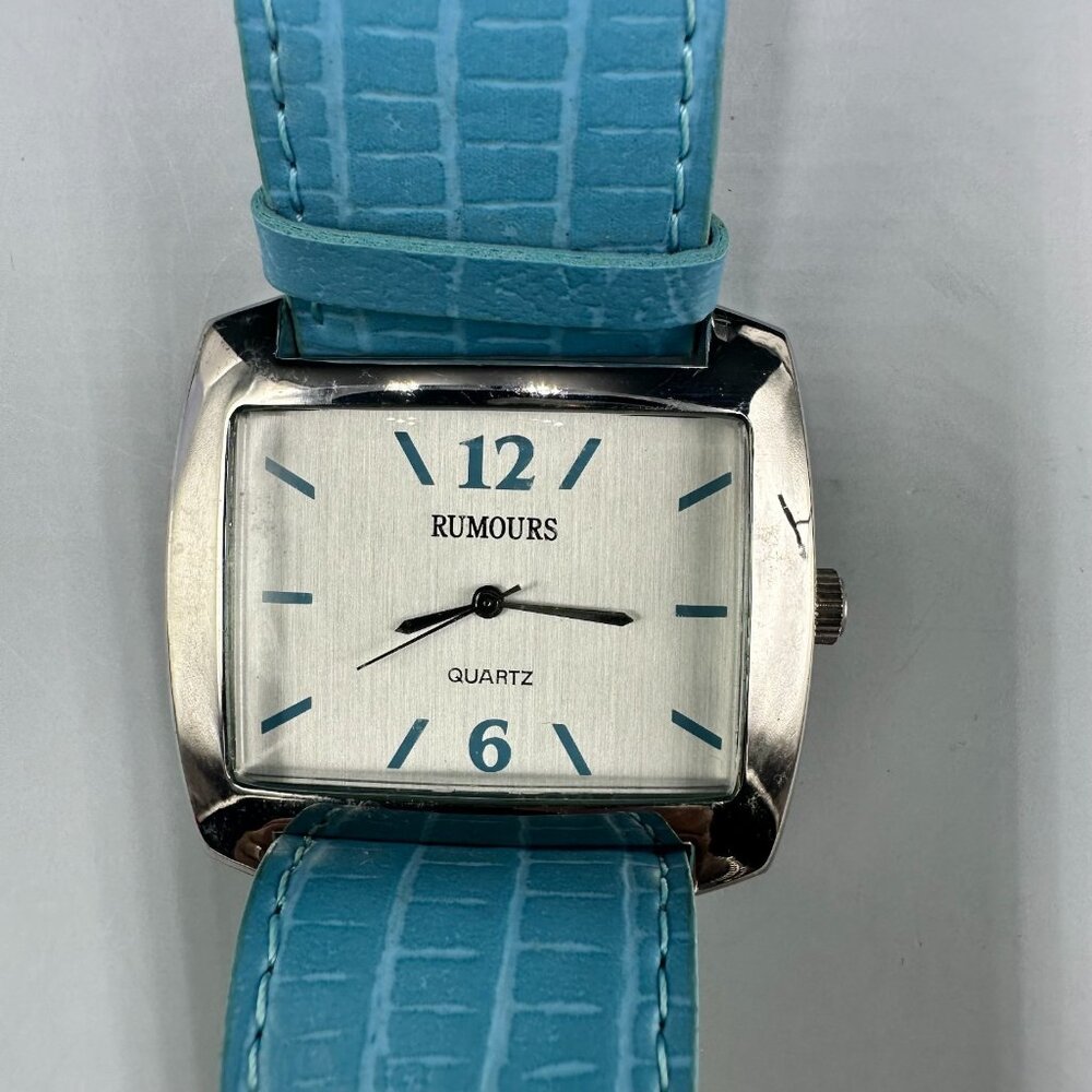 Rumours Watch Women Silver Tone Blue Wide Faux Leather Band New Battery